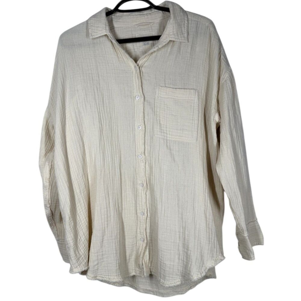 Aerie Womens Gauzy Cotton Button Up Top Sz XS Oversized Butter Yellow Beachy